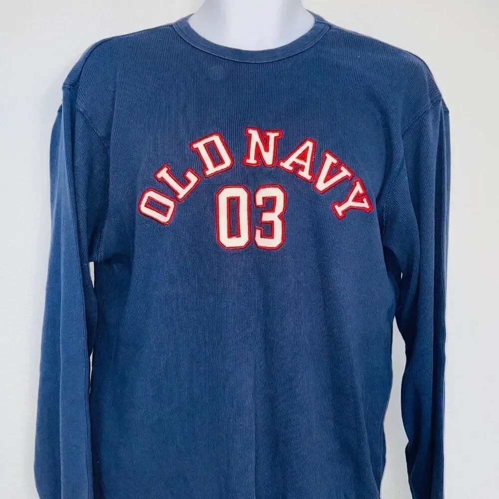 Vintage Old Navy Mens L Shirt Blue Thermal Waffle Weave Long Sleeve Logo Pullove